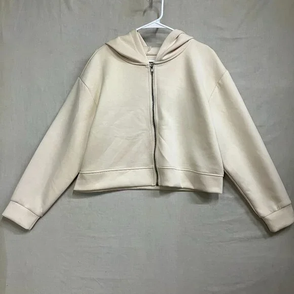 A New Day Women's Large Cream Double Knit Full Zip Hoodie Sweatshirt Long Sleeve - Picture 2 of 10